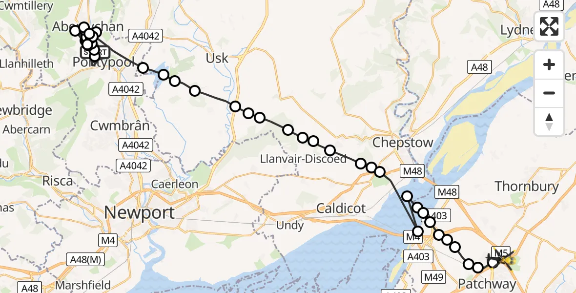 Flight route Police Helicopter Pontypool - Almondsbury Helicopter Base, 10 August 2026, 18:08