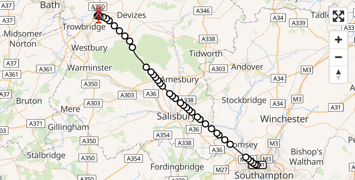 Flight route Air Ambulance Helicopter University Hospital Southampton - Wiltshire Air Ambulance, 10 August 2026, 18:12