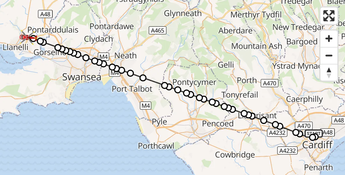 Flight route Air Ambulance Helicopter Birchgrove - Dafen, 10 August 2026, 18:20