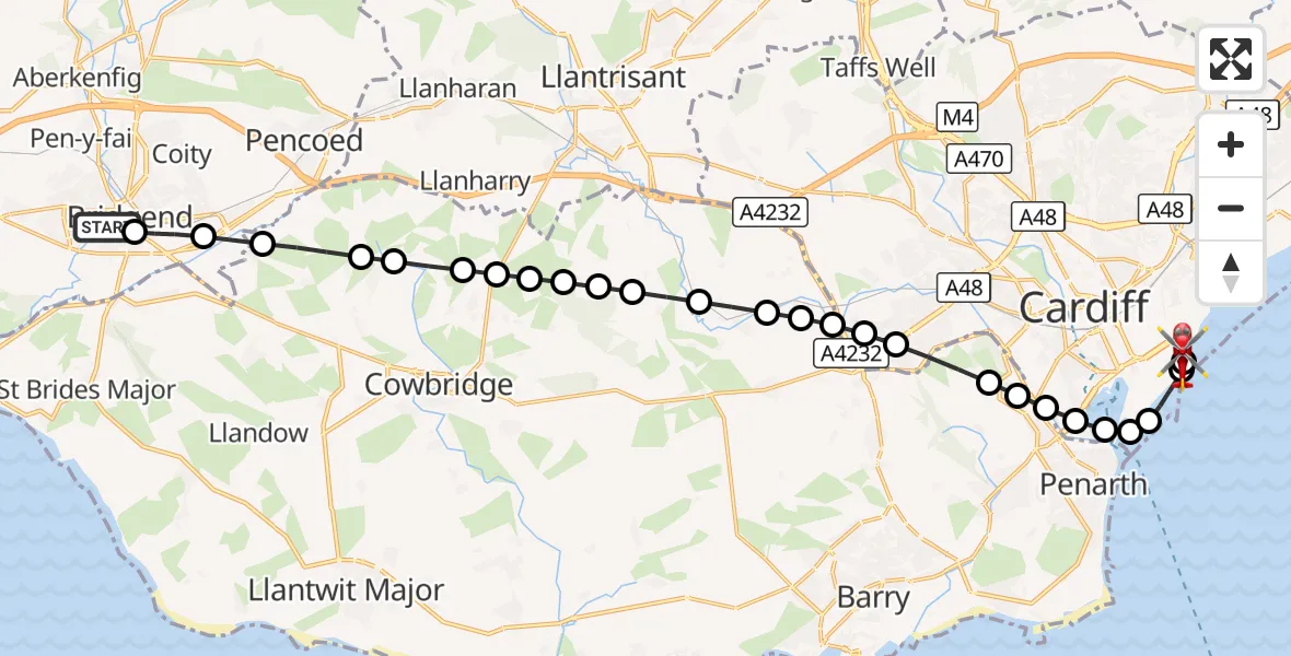 Flight route Air Ambulance Helicopter Newcastle - Cardiff Heliport, 10 August 2026, 18:25