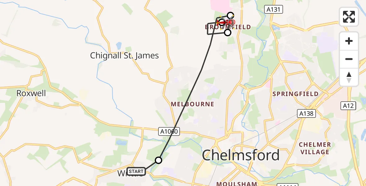Flight route Air Ambulance Helicopter Writtle - Little Waltham, 10 August 2026, 18:34