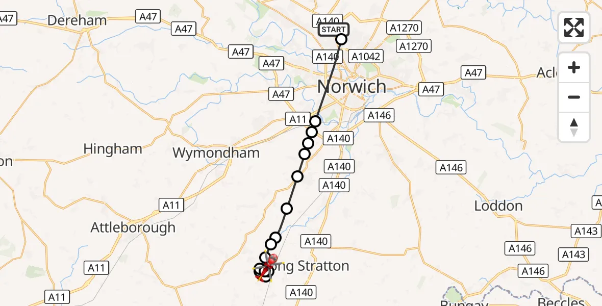 Flight route Air Ambulance Helicopter Norwich Airport - Forncett St Peter, 10 August 2026, 18:45