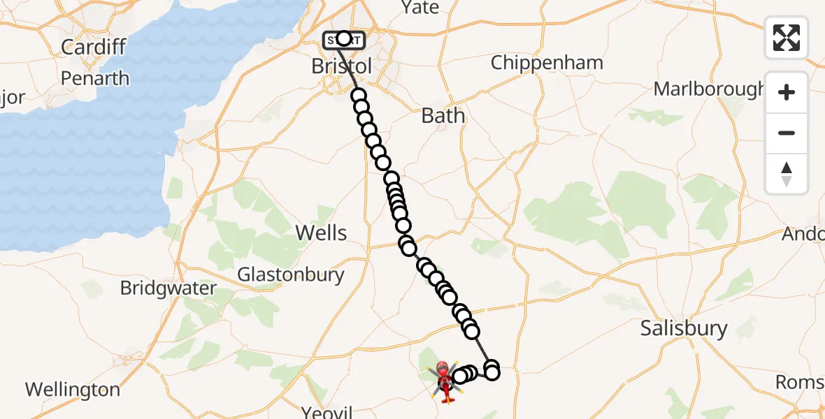 Flight route Air Ambulance Helicopter Southmead Hospital - Henstridge Airfield, 10 August 2026, 18:46