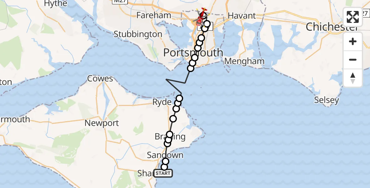 Flight route Air Ambulance Helicopter Shanklin - Queen Alexandra Hospital, 10 August 2026, 19:08