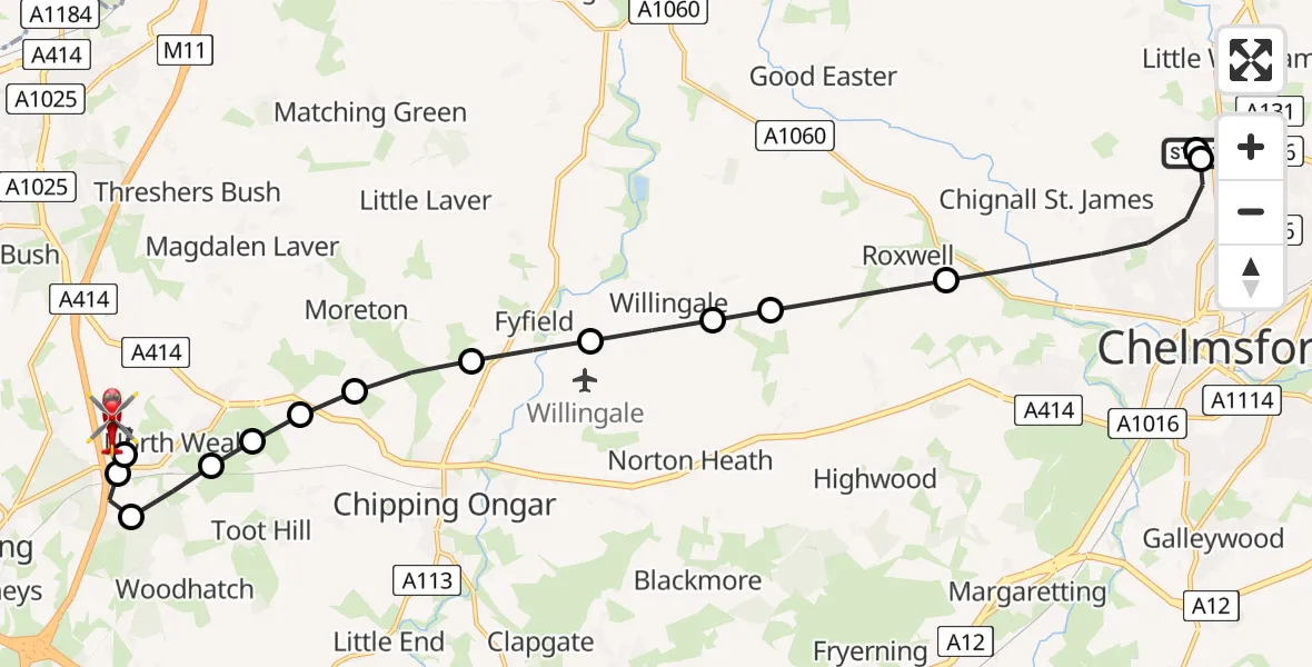 Flight route Air Ambulance Helicopter Broomfield Hospital - North Weald Airfield, 10 August 2026, 19:12
