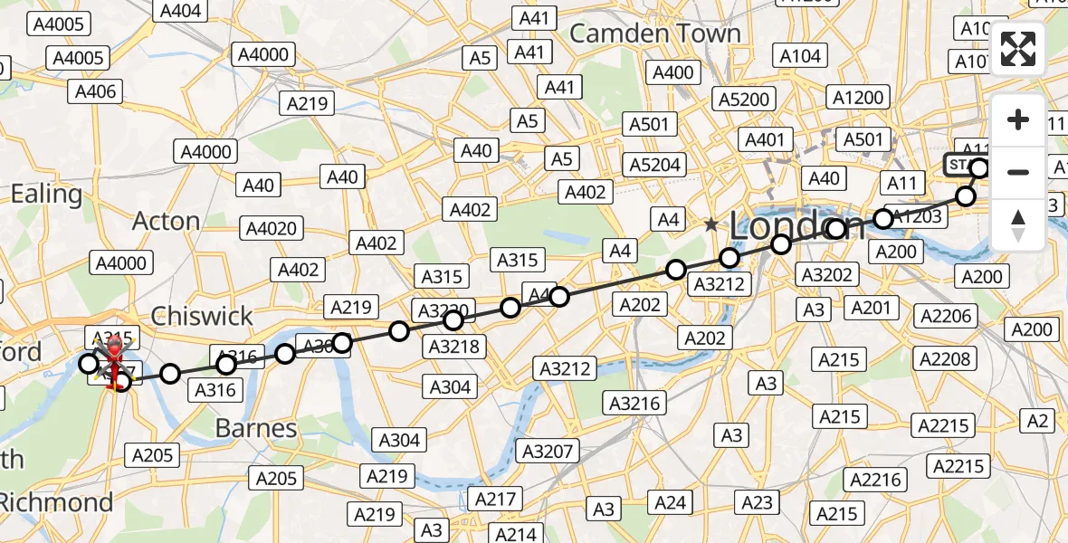 Flight route Air Ambulance Helicopter Royal London Hospital - Kew, 10 August 2026, 19:16
