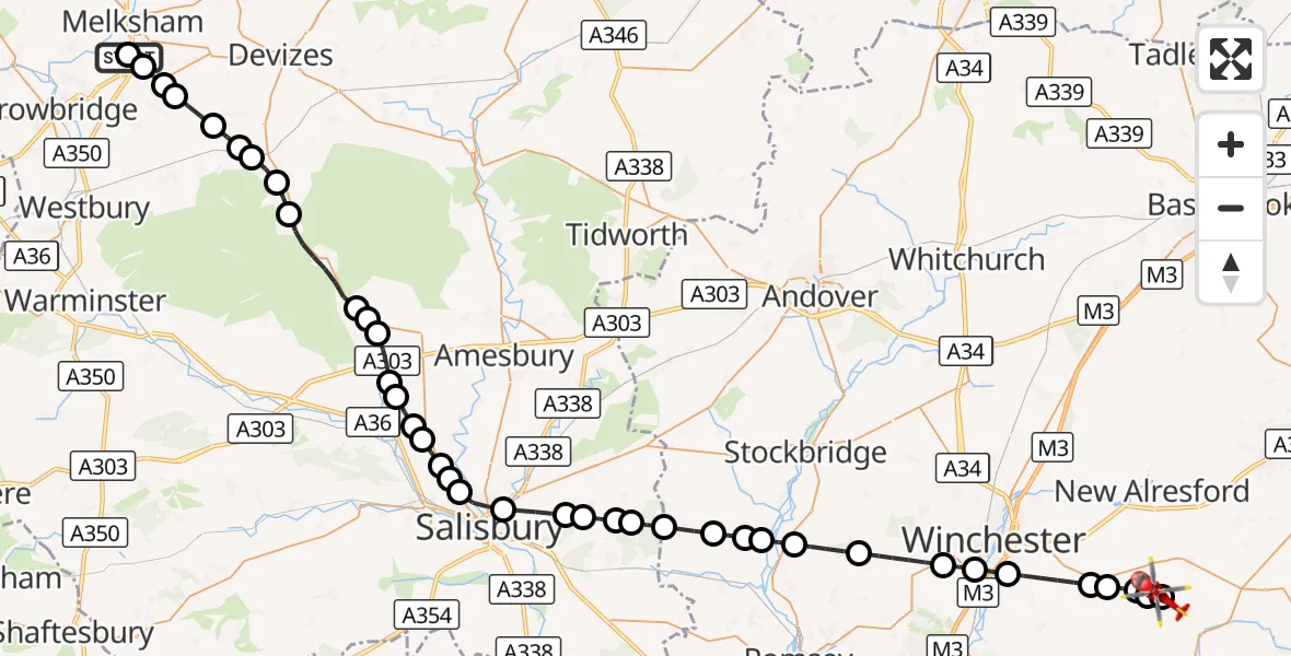 Flight route Air Ambulance Helicopter Wiltshire Air Ambulance - Bramdean, 10 August 2026, 19:23
