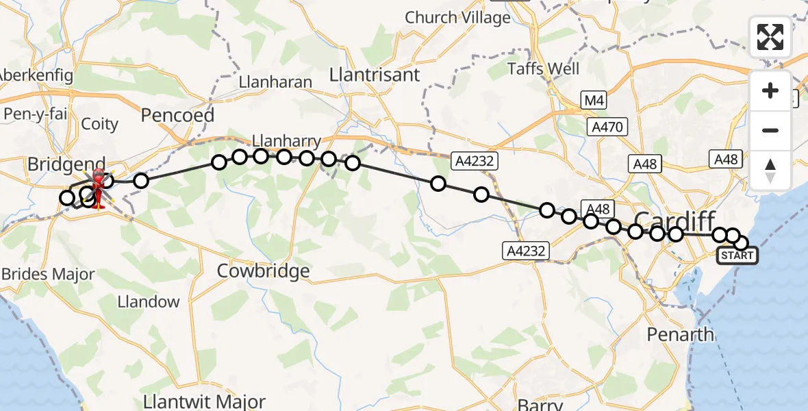 Flight route Air Ambulance Helicopter Cardiff Heliport - Bridgend, 10 August 2026, 19:31