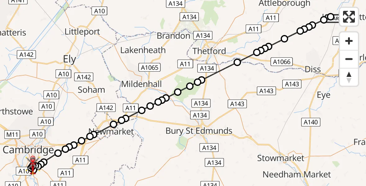 Flight route Air Ambulance Helicopter Forncett St Peter - Papworth Hospital, 10 August 2026, 19:34