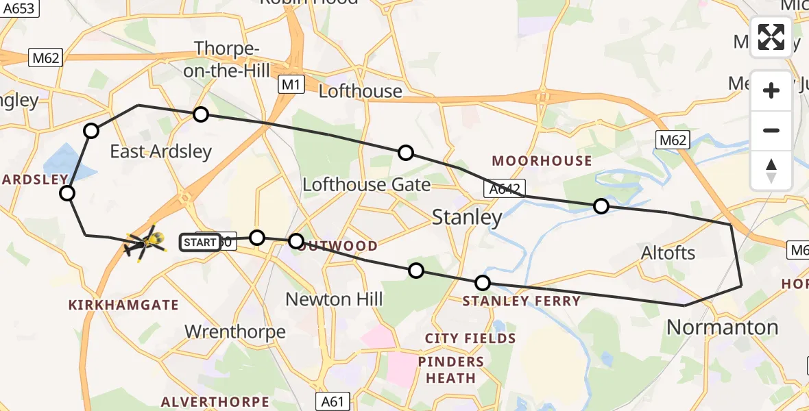 Flight route Police Helicopter Wrenthorpe - East Ardsley, 10 August 2026, 19:37