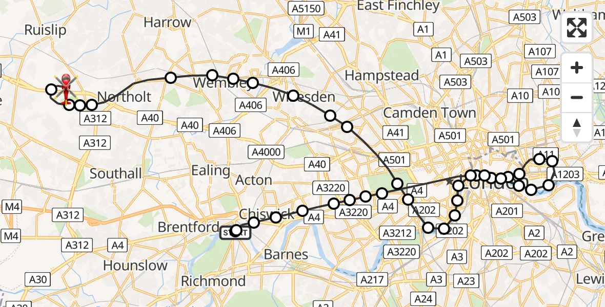 Flight route Air Ambulance Helicopter Kew - RAF Northolt, 10 August 2026, 19:44