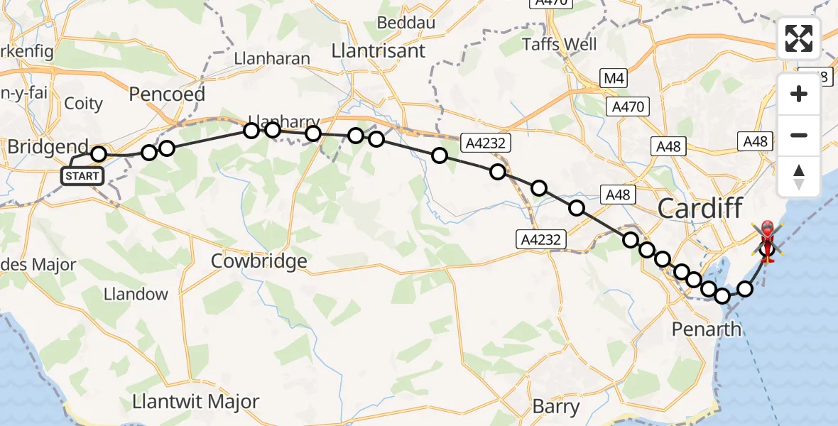 Flight route Air Ambulance Helicopter Bridgend - Cardiff Heliport, 10 August 2026, 19:46
