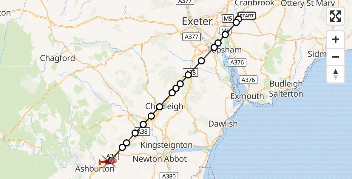 Flight route Air Ambulance Helicopter Exeter International Airport - Ashburton, 10 August 2026, 19:47