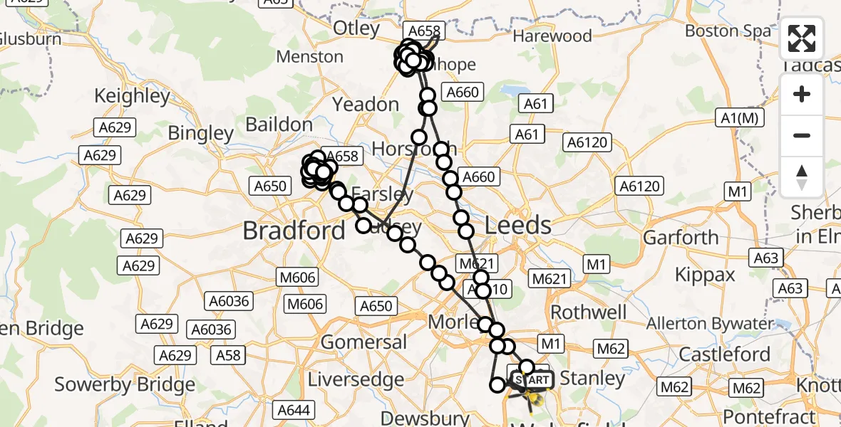Flight route Police Helicopter Carr Gate - East Ardsley, 10 August 2026, 19:59