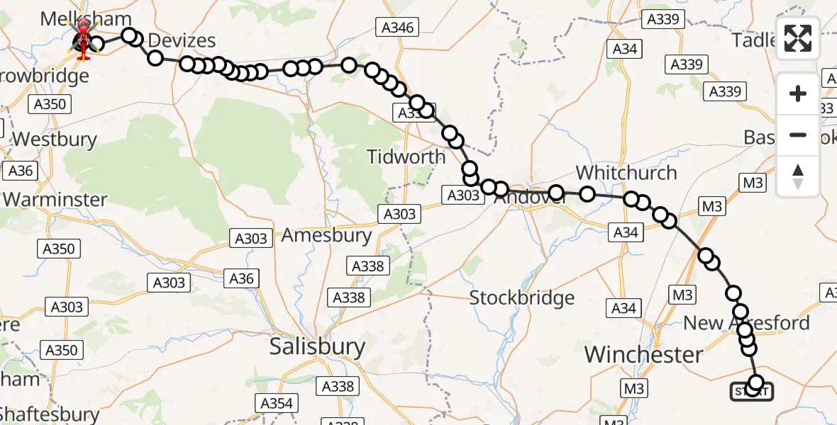 Flight route Air Ambulance Helicopter Winchester - Wiltshire Air Ambulance, 10 August 2026, 20:03