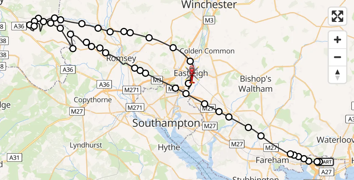 Flight route Air Ambulance Helicopter Queen Alexandra Hospital - Eastleigh, 10 August 2026, 20:12