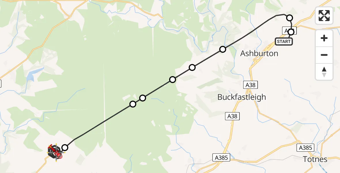Flight route Air Ambulance Helicopter Ashburton - Lee Moor, 10 August 2026, 20:36