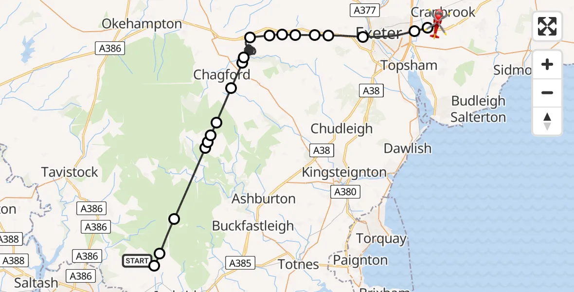 Flight route Air Ambulance Helicopter Lee Moor - Exeter International Airport, 10 August 2026, 20:57