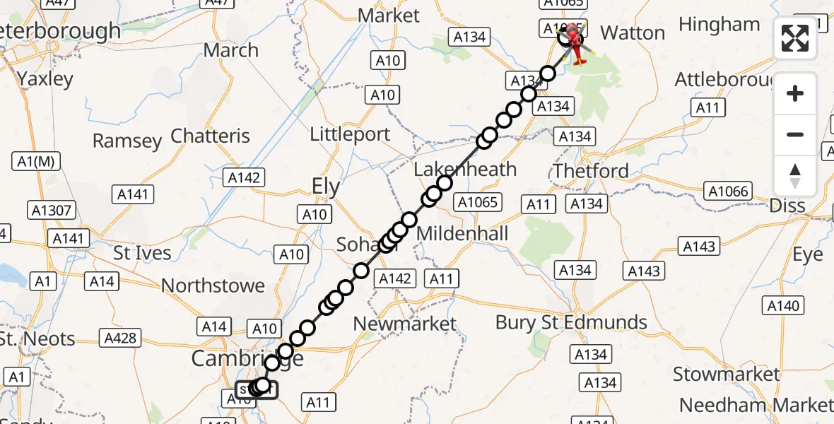 Flight route Air Ambulance Helicopter Papworth Hospital - Breckland, 10 August 2026, 21:08