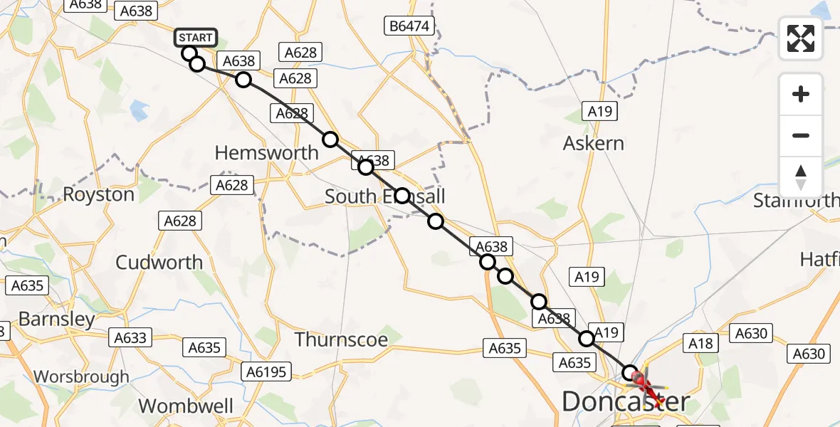 Flight route Air Ambulance Helicopter YAA Nostell Helicopter Port - Wheatley, 10 August 2026, 21:23