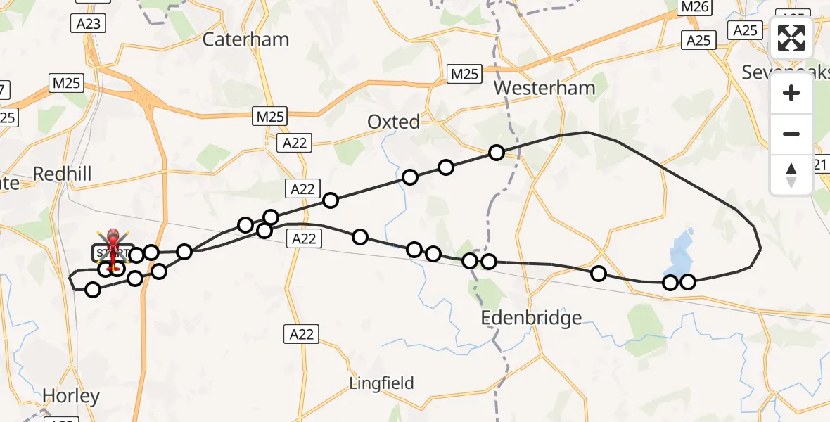 Flight route Air Ambulance Helicopter Redhill Aerodrome - Redhill Aerodrome, 10 August 2026, 21:25