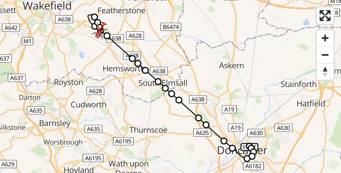 Flight route Air Ambulance Helicopter Wheatley - YAA Nostell Helicopter Port, 10 August 2026, 22:18