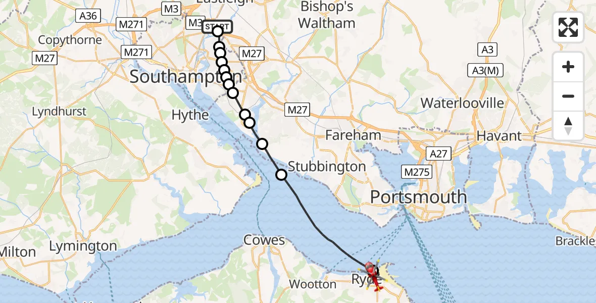 Flight route Air Ambulance Helicopter Southampton Airport - Ryde, 10 August 2026, 22:23
