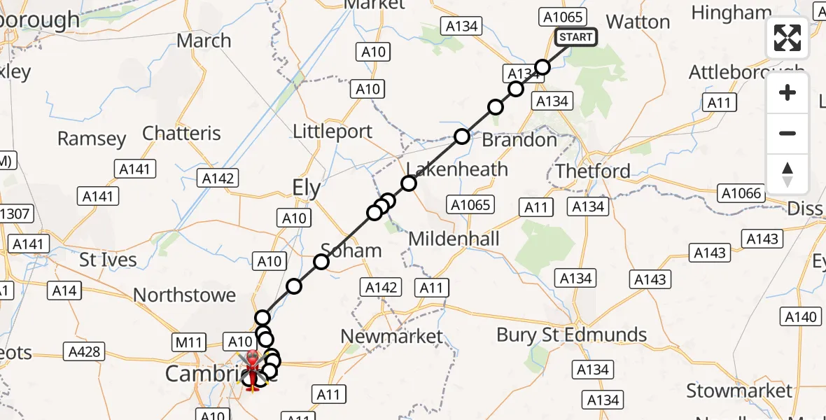 Flight route Air Ambulance Helicopter Breckland - Cambridge City Airport, 10 August 2026, 22:33