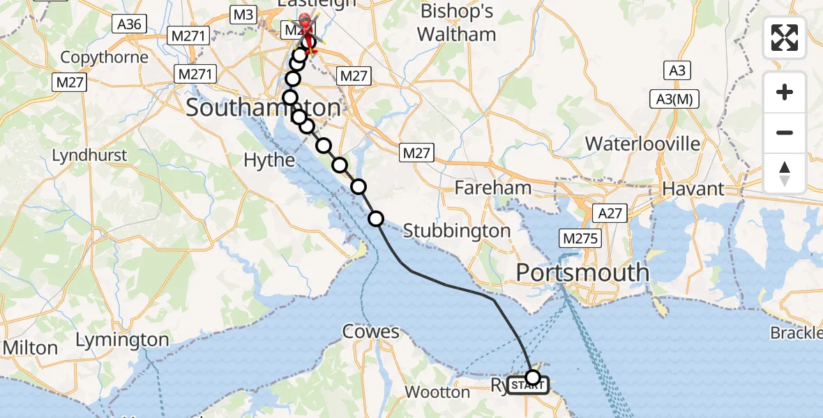 Flight route Air Ambulance Helicopter Ryde - Southampton Airport, 10 August 2026, 22:39