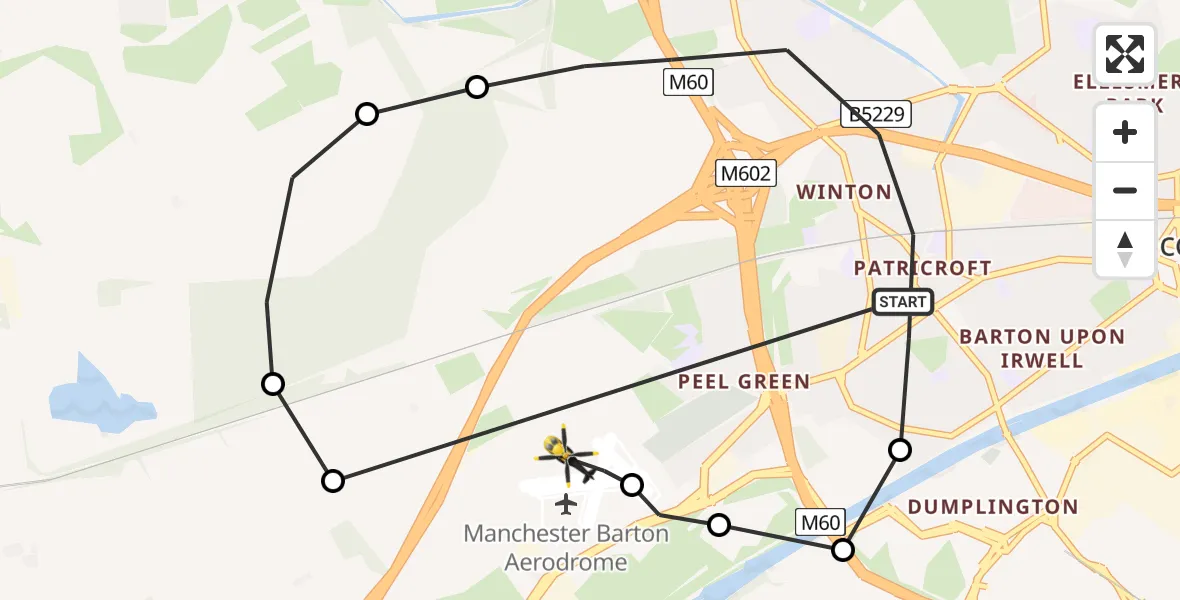 Flight route Police Helicopter Worsley - Manchester Barton Aerodrome, 11 August 2026, 00:23