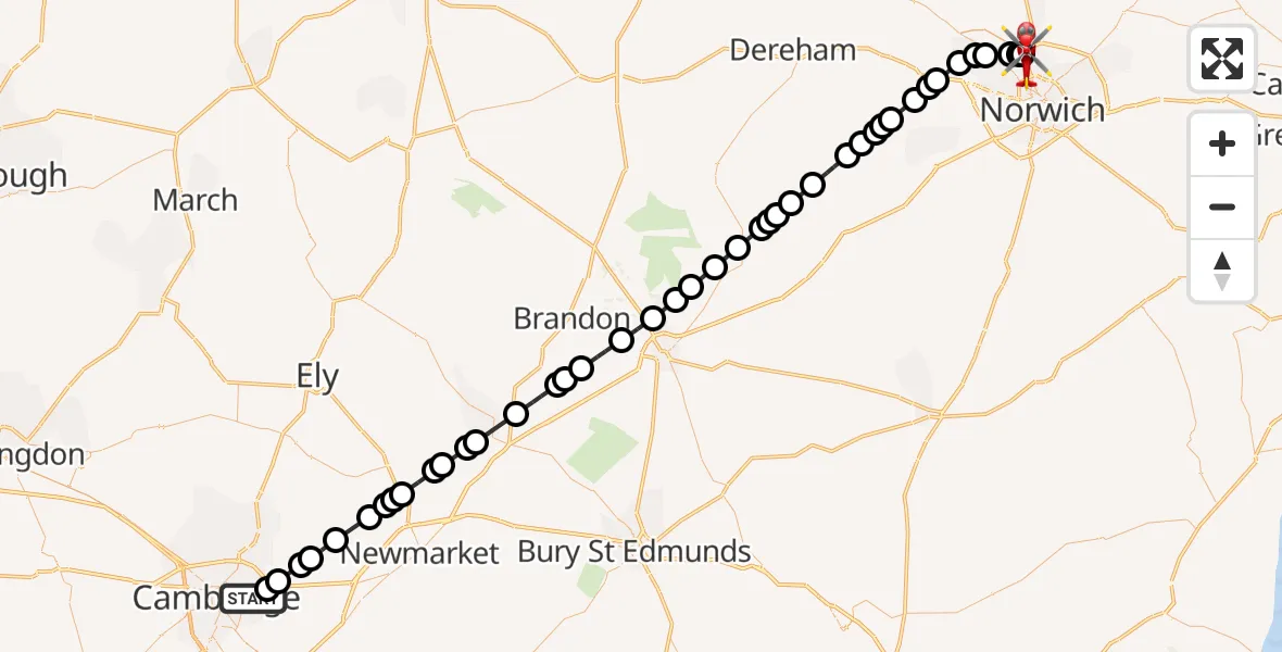 Flight route Air Ambulance Helicopter Cambridge City Airport - Norwich Airport, 11 August 2026, 01:38