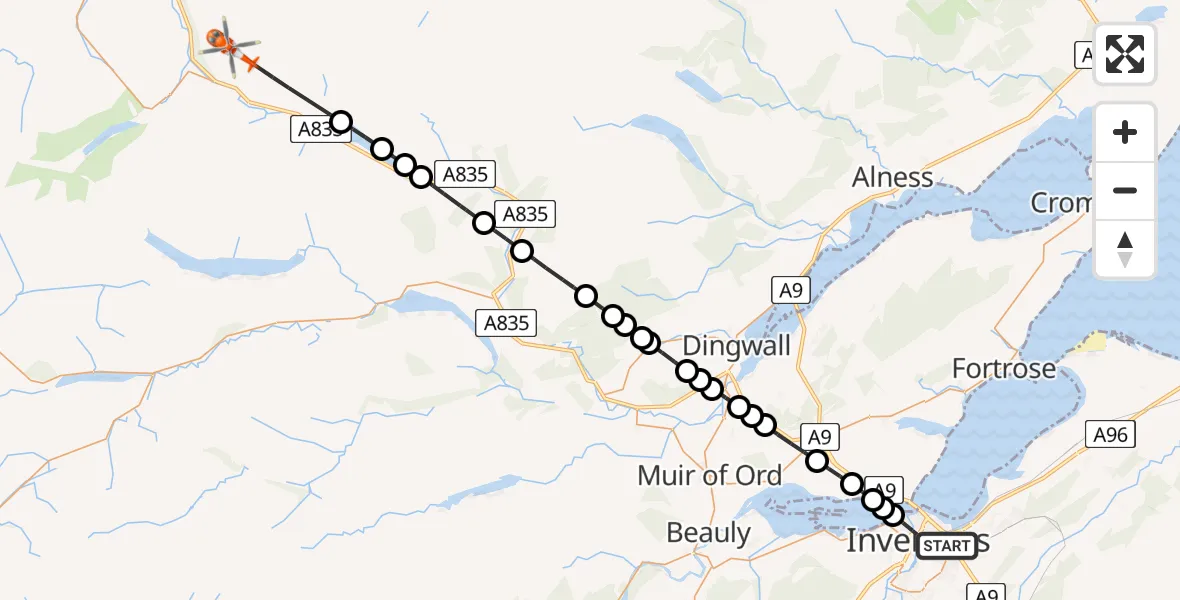 Flight route Coastguard Helicopter Inverness - Highland, 11 August 2026, 02:23