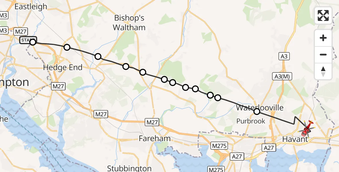 Flight route Air Ambulance Helicopter Southampton Airport - Havant, 11 August 2026, 06:35