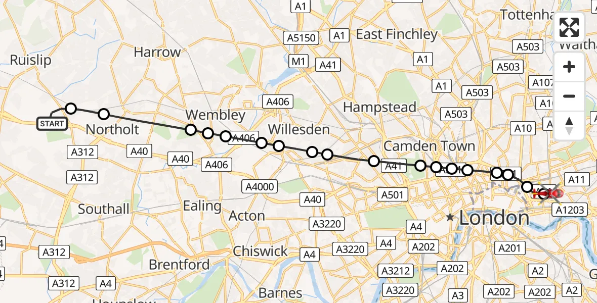 Flight route Air Ambulance Helicopter RAF Northolt - Royal London Hospital, 11 August 2026, 06:38