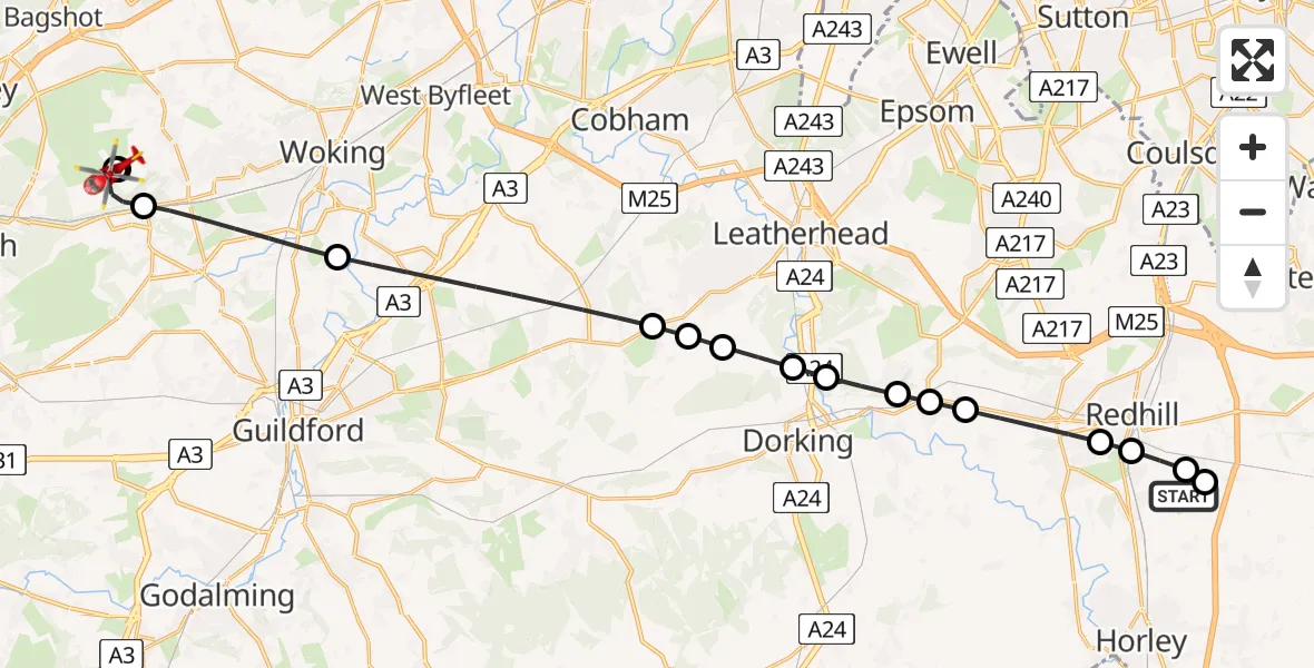 Flight route Air Ambulance Helicopter Redhill Aerodrome - Guildford, 11 August 2026, 07:15