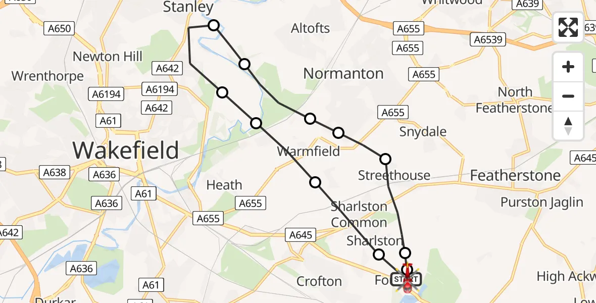 Flight route Air Ambulance Helicopter YAA Nostell Helicopter Port - YAA Nostell Helicopter Port, 11 August 2026, 07:21