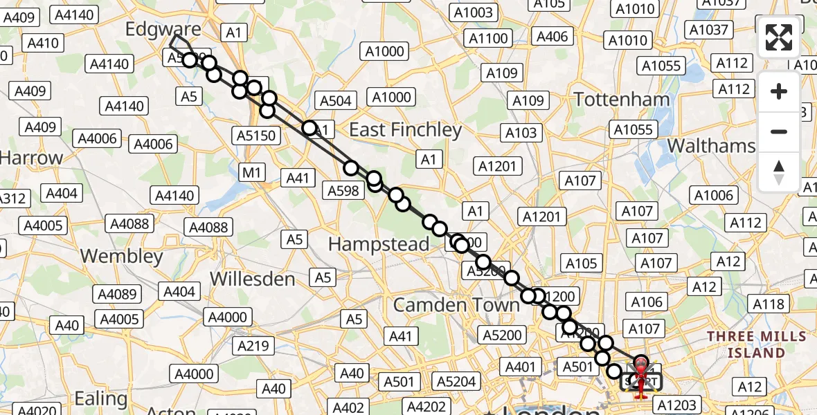 Flight route Air Ambulance Helicopter Royal London Hospital - Royal London Hospital, 11 August 2026, 07:28