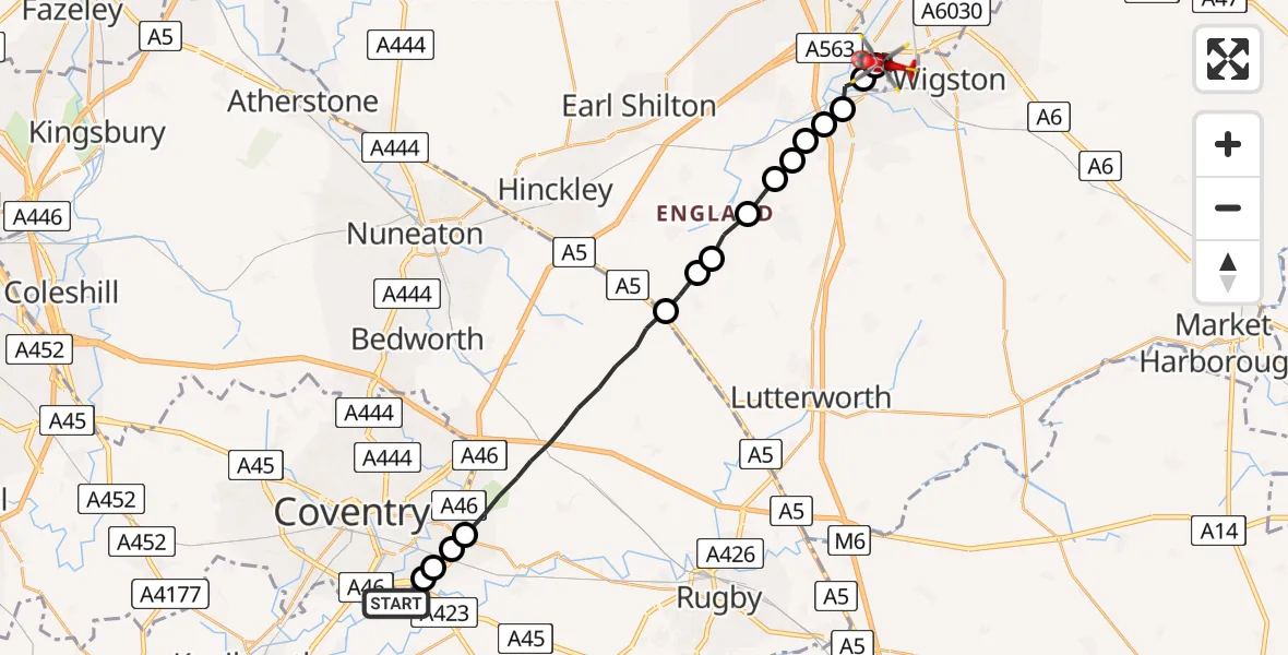 Flight route Air Ambulance Helicopter Coventry Airport - Eyres Monsell, 11 August 2026, 07:37
