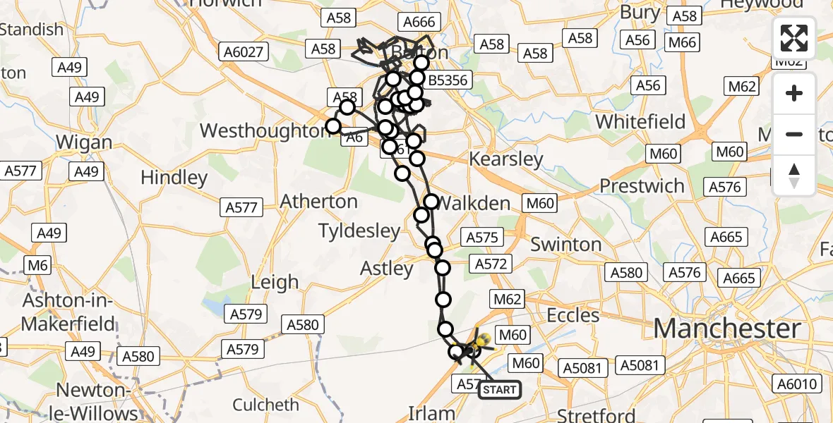 Flight route Police Helicopter Flixton - Worsley, 11 August 2026, 07:39