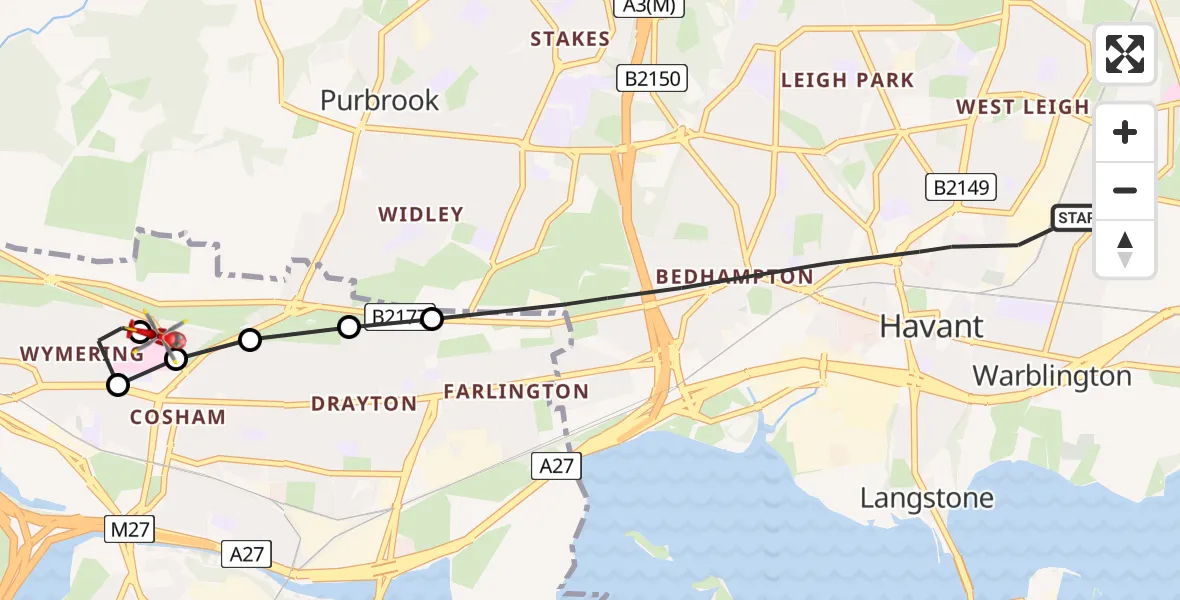 Flight route Air Ambulance Helicopter Havant - Queen Alexandra Hospital, 11 August 2026, 07:48