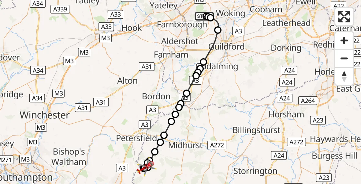 Flight route Air Ambulance Helicopter Guildford - Compton, 11 August 2026, 08:07