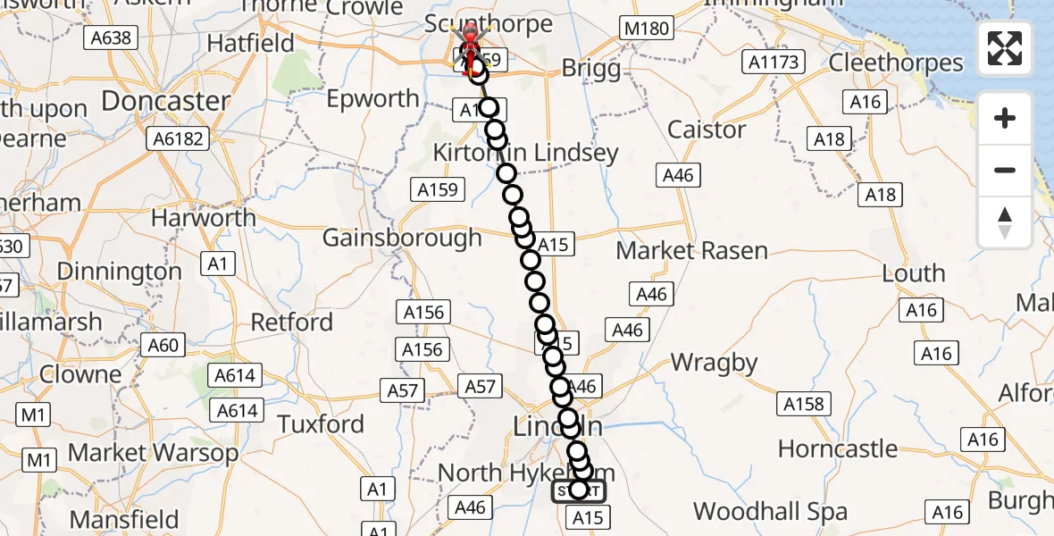Flight route Air Ambulance Helicopter RAF Waddington - Yaddlethorpe, 11 August 2026, 08:26