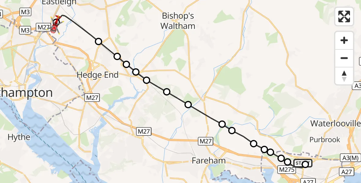 Flight route Air Ambulance Helicopter Queen Alexandra Hospital - Southampton Airport, 11 August 2026, 08:32