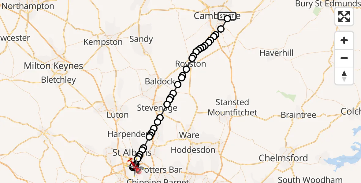 Flight route Air Ambulance Helicopter Cambridge City Airport - Frogmore, 11 August 2026, 08:41
