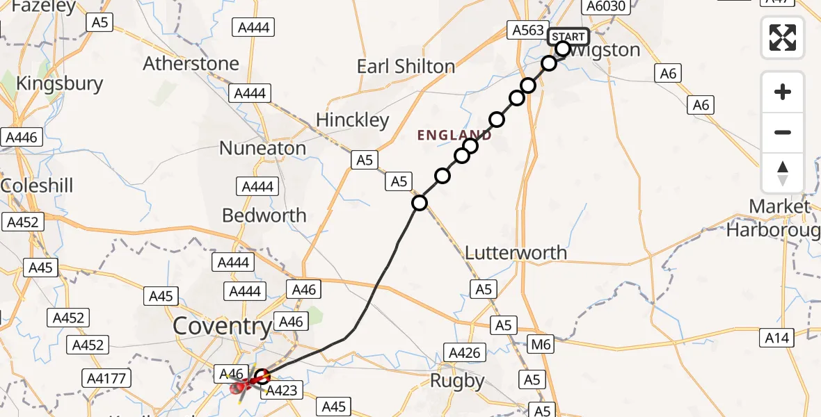 Flight route Air Ambulance Helicopter Eyres Monsell - Coventry Airport, 11 August 2026, 08:45