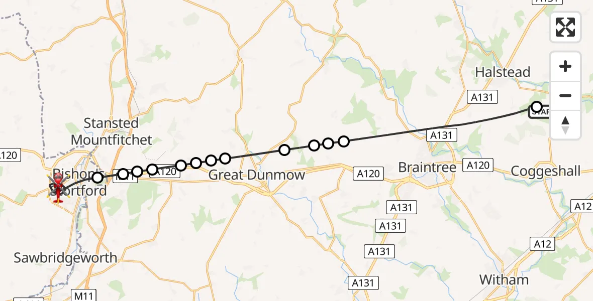 Flight route Air Ambulance Helicopter Earls Colne Airfield - Bishop's Stortford, 11 August 2026, 08:47
