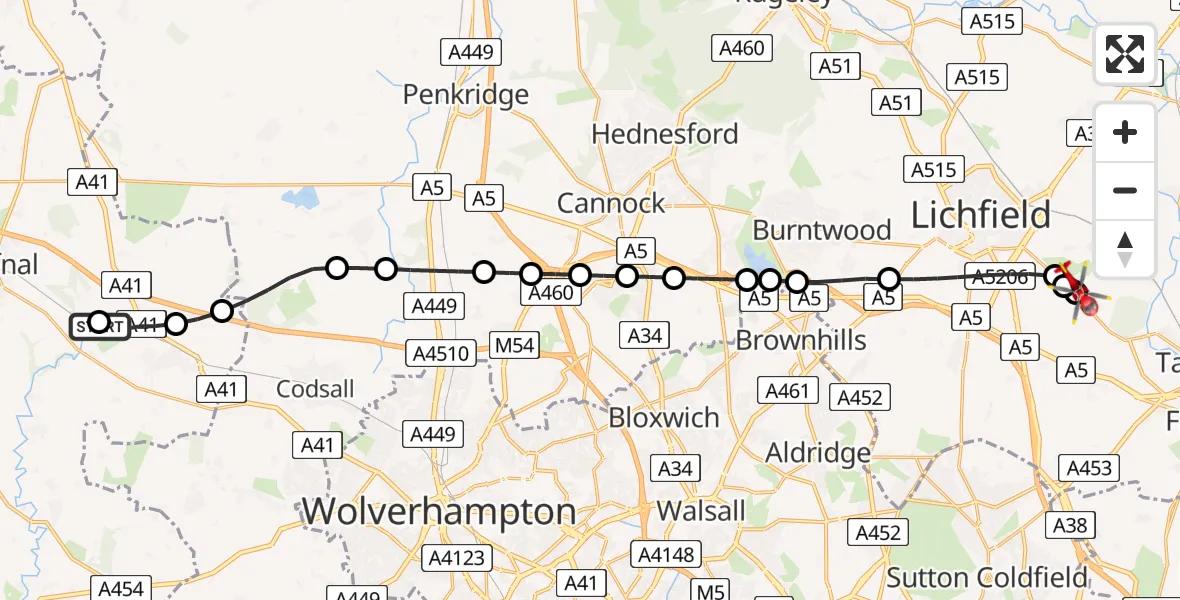 Flight route Air Ambulance Helicopter RAF Cosford - Whittington Heath, 11 August 2026, 08:47