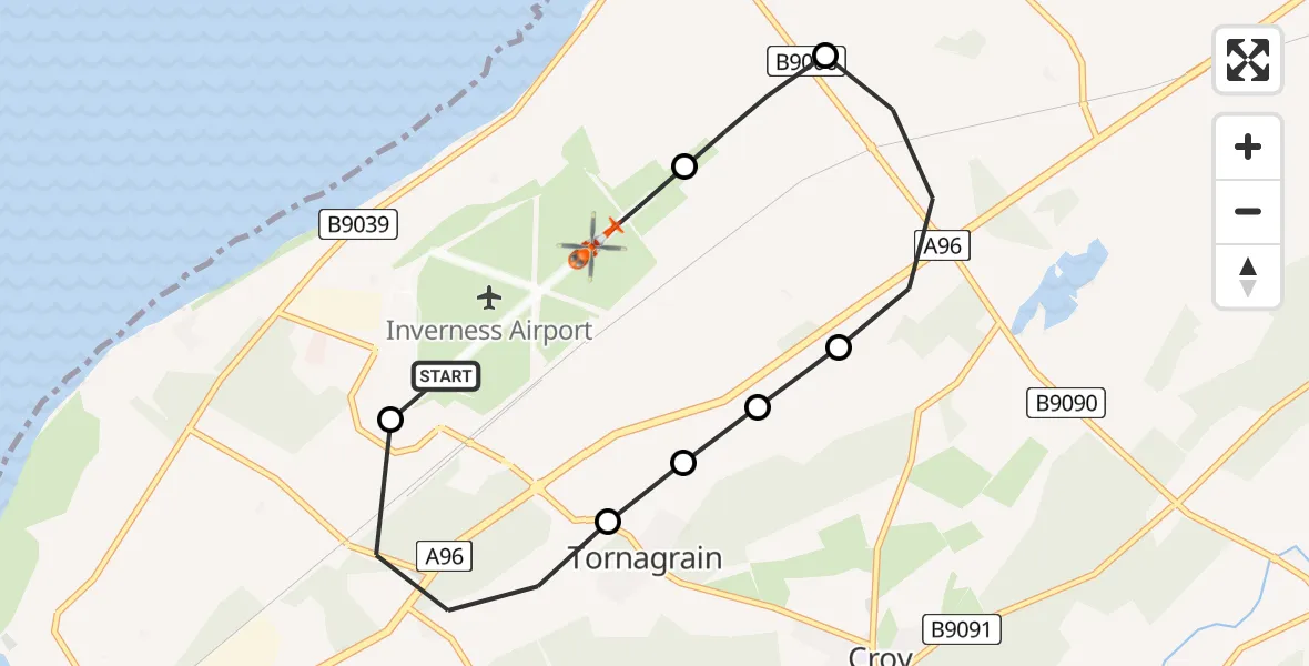 Flight route Coastguard Helicopter Tornagrain - Inverness Airport, 11 August 2026, 08:50