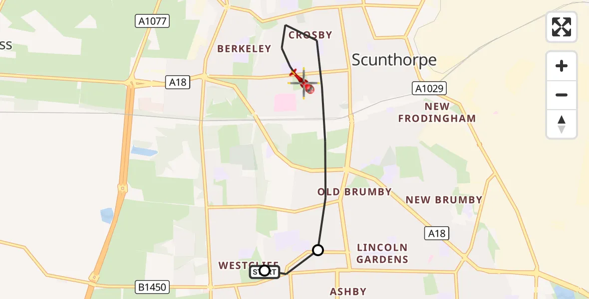 Flight route Air Ambulance Helicopter Scunthorpe - Scunthorpe, 11 August 2026, 09:04