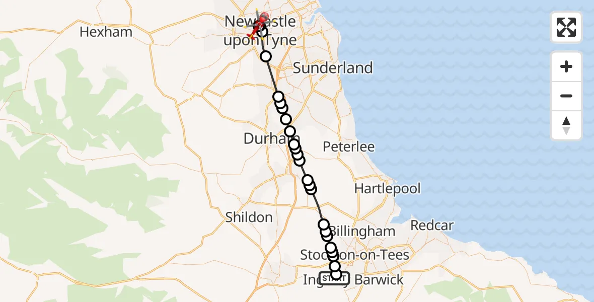Flight route Air Ambulance Helicopter Egglescliffe - Newcastle Royal Victoria Infirmary, 11 August 2026, 09:08